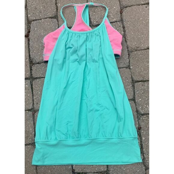 LULULEMON NO LIMITS green neon pink SPORT BRA layered TANK TOP sz 8 - Picture 3 of 7
